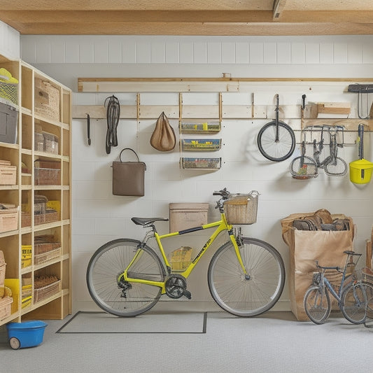 A tidy, well-organized garage with a mix of DIY shelving units, repurposed crates, and hooks, accompanied by a few bicycles, tools, and storage bins, all set against a warm, neutral-colored background.