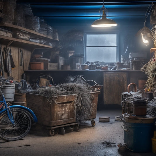 A cluttered garage interior with strewn tools, rusty bicycles, and stacked boxes, dimly lit by a single flickering overhead bulb, surrounded by cobwebs and dust, with a sense of overwhelming chaos.