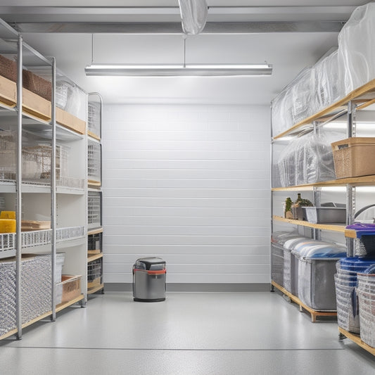 A bright, organized garage with a sleek, silver slatwall, multiple tiers of shelves, and a floor-to-ceiling storage system, featuring a mix of clear bins, baskets, and hooks, illuminated by soft, overhead lighting.