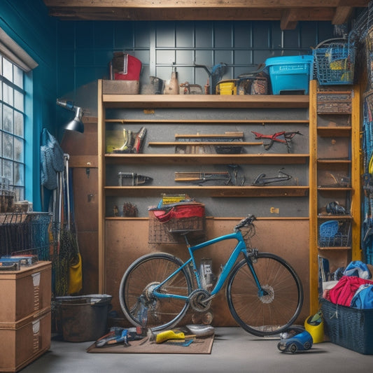 A cluttered garage with tools scattered on the floor, bikes leaning against the wall, and boxes stacked haphazardly, transformed into an organized space with labeled bins, hooks, and a pegboard.