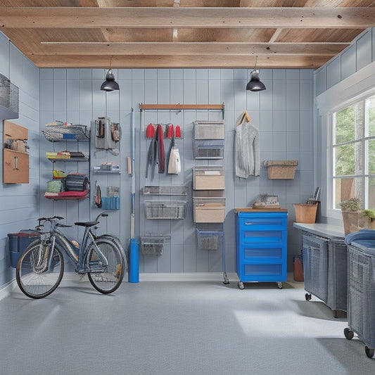 A clutter-free garage with a slatwall featuring hooks, bins, and baskets, a ceiling-mounted bike rack, a workbench with built-in drawers, and a floor-to-ceiling shelving unit with labeled storage containers.