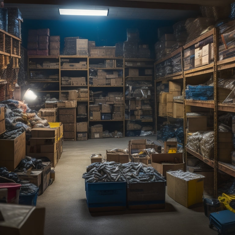 A dimly lit, cluttered storage room with broken shelves, overflowing boxes, and tangled cords, contrasting with a bright, organized area in the background with labeled bins and a clean floor.