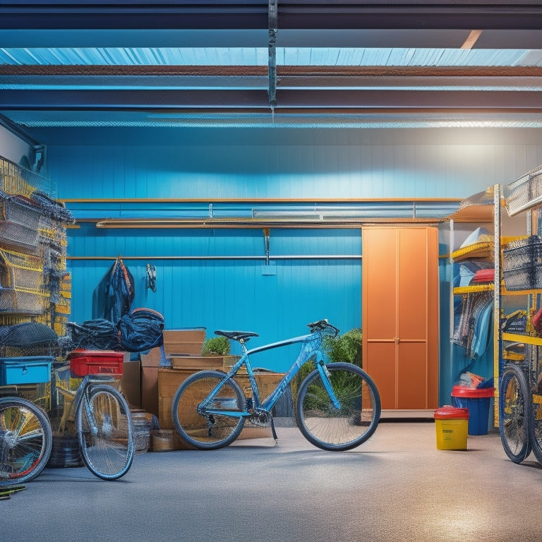A cluttered garage with a bare, unused ceiling, surrounded by tools and storage bins, contrasting with a section of the same garage featuring a sleek, overhead storage system with bicycles and boxes neatly organized.