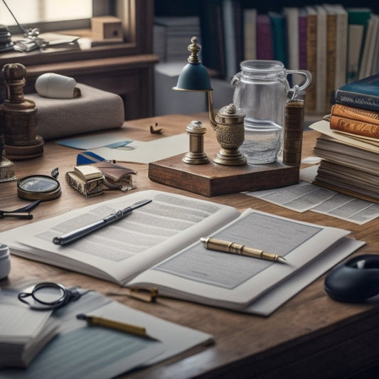 A cluttered desk with a mock exam paper, scattered pens, and a miniature house model, surrounded by stacks of books and a magnifying glass, against a background of a subtle grid pattern.