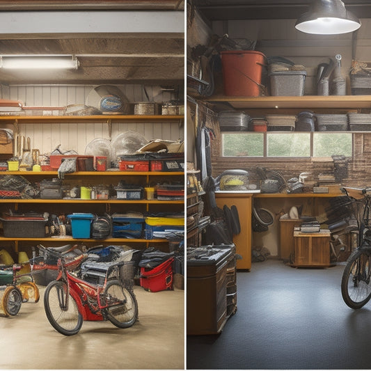 A before-and-after split-screen image: a cluttered garage with scattered tools, bikes, and boxes on the left, versus a tidy garage with organized shelving, labeled bins, and a sleek workbench on the right.