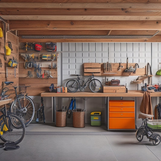 A clutter-free garage interior with a wall-mounted pegboard, sliding bins, and a sturdy workbench, surrounded by a few well-organized tools and bicycles, with plenty of natural light and a sense of calmness.