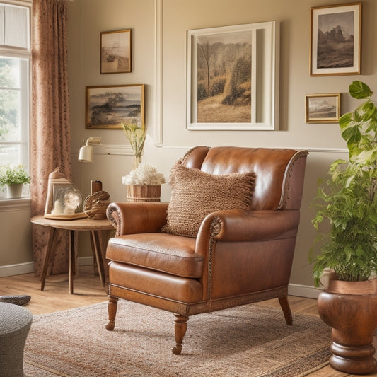A warm and inviting living room with a refurbished vintage armchair, a DIY wooden coffee table, and a gallery wall featuring a mix of thrifted and personal photos.