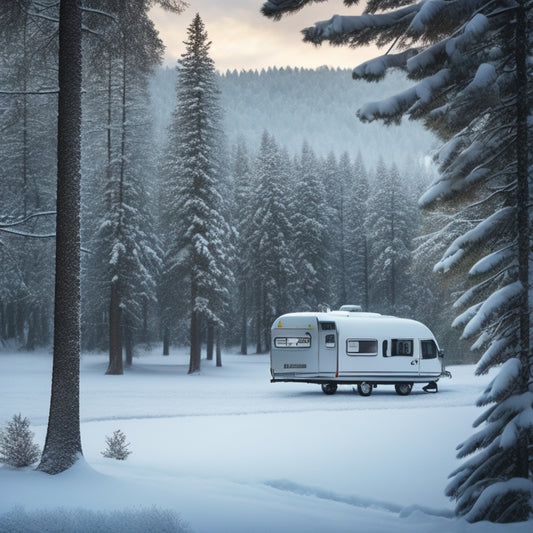 A serene winter landscape with a camper van in the distance, covered in snow, surrounded by evergreen trees, with a few snowflakes gently falling from the sky.