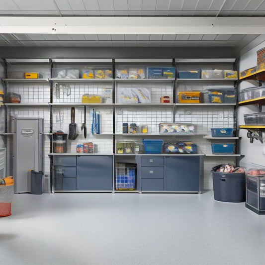 A well-lit, clutter-free garage with a sleek, gray epoxy-coated floor, featuring a wall-mounted pegboard with neatly hung tools, and a row of matching, labeled storage bins on a stainless steel shelving unit.