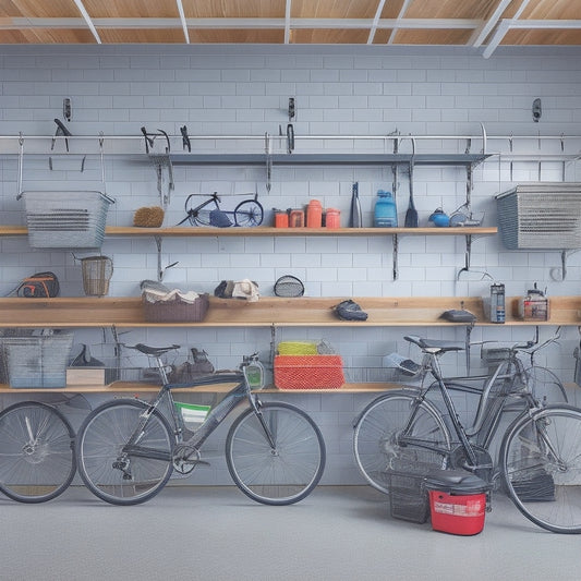An organized garage with a slatwall, holding various bins, baskets, and hooks, alongside a shelving unit with labeled containers, and a ceiling-mounted bike rack, with a few bicycles suspended above.
