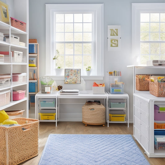 A serene and organized homeschool room with a crisp white desk, surrounded by neatly labeled KVISSLE letter trays, and a MALM shelving unit storing colorful bins and baskets, amidst a soft, natural light background.