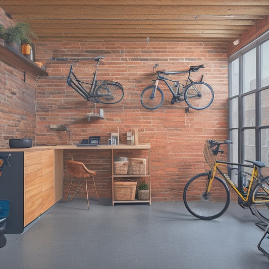 A clutter-free urban garage with sleek, wall-mounted shelves, a hydraulic bike lift, and a compact workstation with a wooden countertop, set against a backdrop of industrial-chic exposed brick.