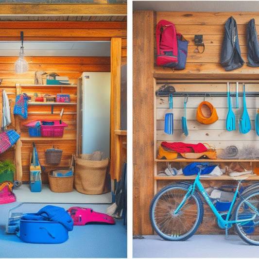A split-screen image: a cluttered winter garage with snowshoes, sleds, and winter clothing scattered around, contrasted with a tidy summer garage with bicycles, lawn chairs, and gardening tools organized on shelves.
