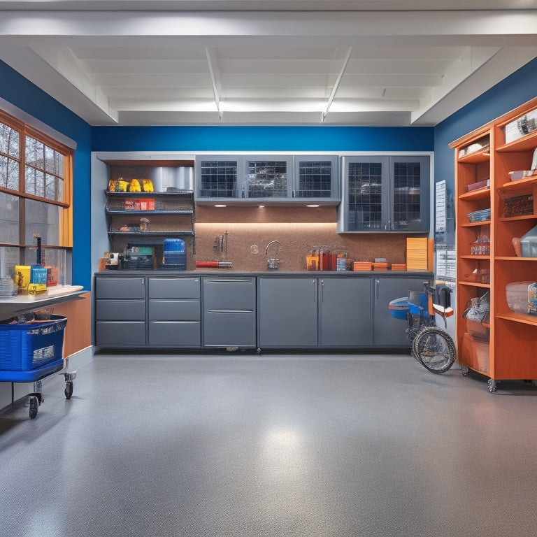 A well-lit, clutter-free garage with a wheelchair-accessible workstation featuring a lowered counter, adjustable shelving, and a slide-out storage bin, surrounded by a sleek, epoxy-coated floor.