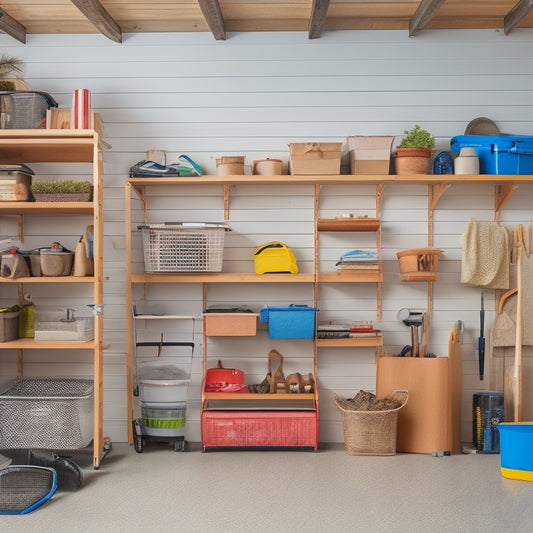 A clutter-free garage with organized shelves, labeled bins, and a slatwall with hooks, surrounded by a few seasonal items like camping gear, winter coats, and gardening tools, in a bright and airy space.