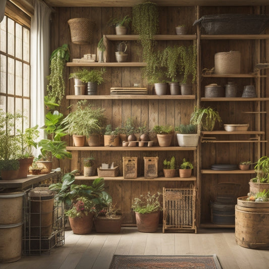 A clutter-free room with wooden crates, repurposed pallets, and industrial pipes forming a multi-tiered shelving unit, adorned with potted plants, vintage decorative items, and neatly stacked storage bins.