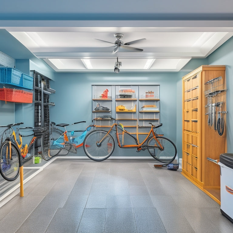 A well-organized garage conversion with a sleek, gray epoxy floor, white cabinets, and a slatwall system adorned with neatly hung bicycles, tools, and storage bins, illuminated by bright, overhead LED lights.