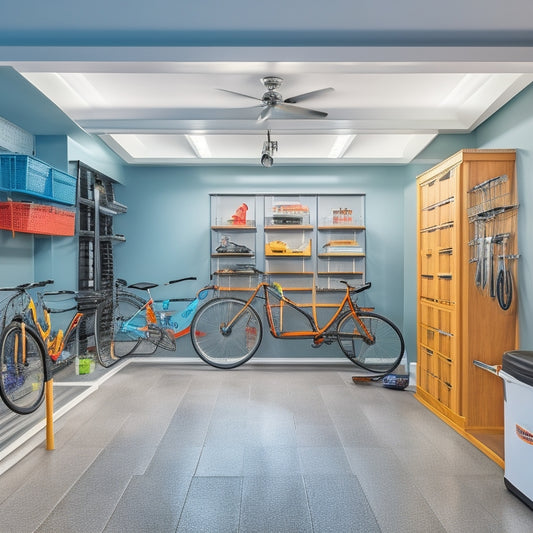 A well-organized garage conversion with a sleek, gray epoxy floor, white cabinets, and a slatwall system adorned with neatly hung bicycles, tools, and storage bins, illuminated by bright, overhead LED lights.