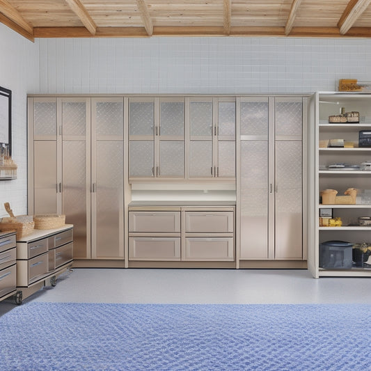 A clutter-free garage with sleek, sealed cabinets featuring a subtle mesh pattern, surrounded by a few scattered autumn leaves and a hint of a crawling insect in the corner, all set against a warm, beige background.