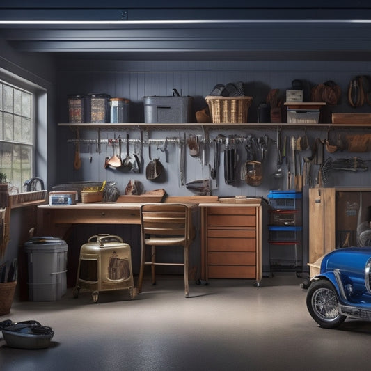 A tidy garage with a slatwall, bins, and baskets, featuring a pegboard with tools, a workbench with a vice, and a floor with a designated zone for a car, all illuminated by natural light.
