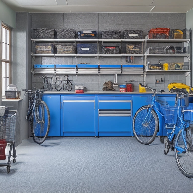 A well-organized garage interior with sleek, gray cabinets, labeled bins, and a slatwall with hooks, baskets, and a foldable workbench, surrounded by a few bicycles and a parked car.