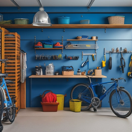A clutter-free garage with a slatwall featuring hooks, bins, and baskets, surrounded by a sleek workbench, a pegboard with tools, and a few bikes and storage containers neatly organized.