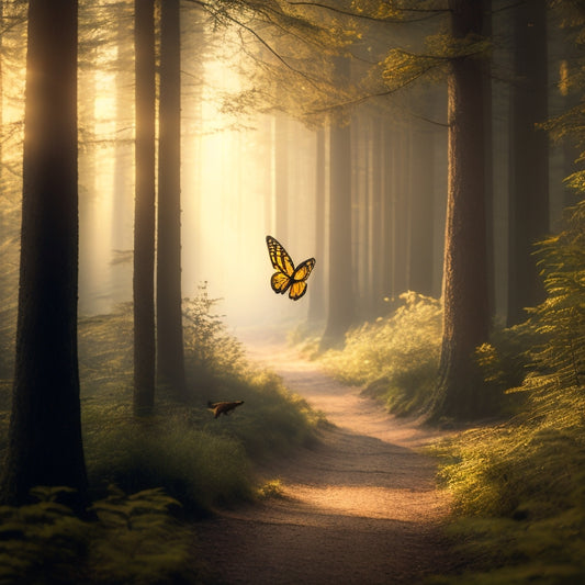 A serene, misty forest with a faint, golden light peeking through the trees, a winding path leading to a closed door, and a few butterflies fluttering around an open gate in the distance.