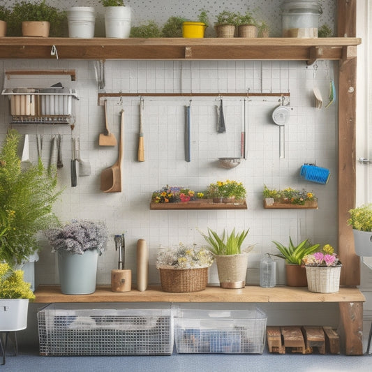 A clutter-free garage with a organized pegboard, shiny tools, and labeled storage bins, surrounded by a few spring flowers and a bright, sunny window in the background.