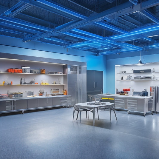 A modern, well-lit garage with sleek, silver OGI cabinets and workstations, surrounded by organized tools and equipment, with a car parked in the center, gleaming under a ceiling with LED lighting.