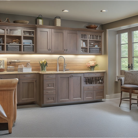 A beautifully organized garage with custom-built cabinetry in a warm wood tone, featuring angled corner units, soft-close drawers, and a central workstation with a built-in vice.