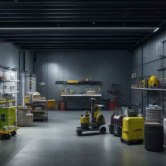 An industrial workshop with sleek, modern machinery, spotless floors, and organized toolboxes, surrounded by safety cones, hard hats, and a prominent first-aid kit on a well-lit, clutter-free wall.
