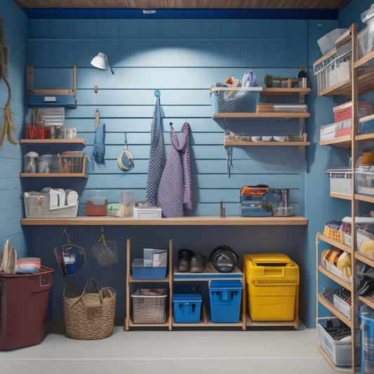 An illustration of a cluttered garage corner transformed with a space-saving slanted shelving unit, hooks for hanging tools, and a pegboard with organized bins and baskets.