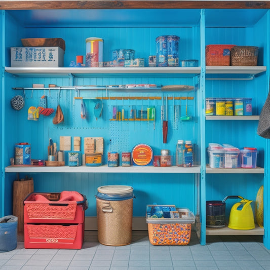 A clutter-free garage with a pegboard, baskets, and labeled bins storing paint cans, brushes, and rollers, with a small workbench and a few colorful paint swatches on the wall.