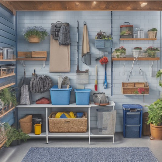 A well-organized garage with a dedicated garden tool station, featuring a pegboard with hanging baskets, a shelved cabinet, and a labeled bin, all surrounded by a clean and clutter-free environment.