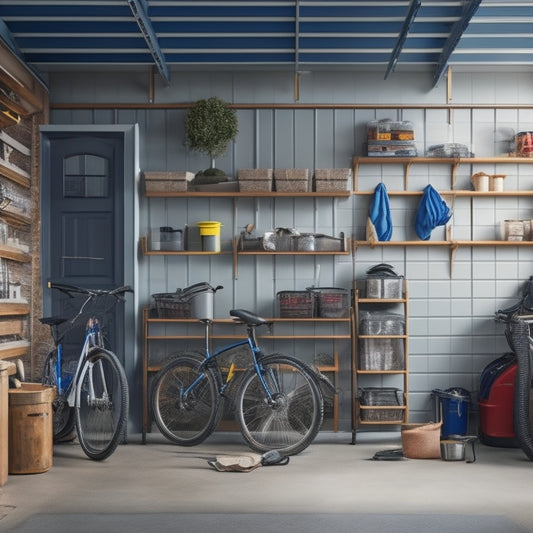 A well-organized garage with a slatwall, hooks, and bins, featuring a parked car with open doors, surrounded by neatly arranged tools, bicycles, and storage containers, with a sense of natural light.