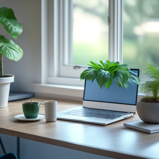A serene, minimalist desk with a single, sleek laptop, a small potted plant, and a few neatly organized files, set against a soft, calming background with subtle natural light.