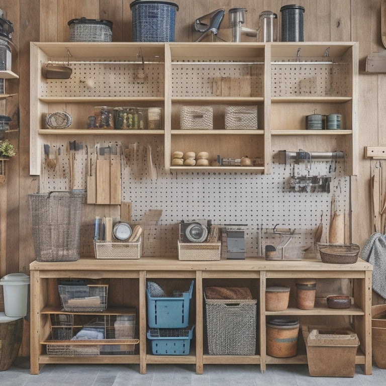 A clutter-free workshop with a pegboard featuring neatly hung tools, a labeled storage bin system, and a DIY shelving unit with baskets and containers, all in a rustic wooden tone.