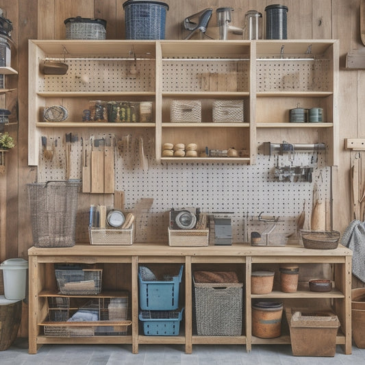 A clutter-free workshop with a pegboard featuring neatly hung tools, a labeled storage bin system, and a DIY shelving unit with baskets and containers, all in a rustic wooden tone.