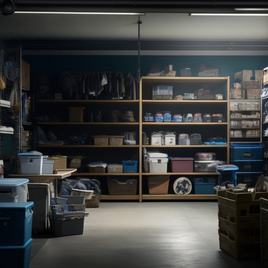 A tidy garage interior with a few boxes and bins organized on shelves, alongside a messy, cluttered section in the background, with a faint COVID-19 virus particle silhouette hovering above.