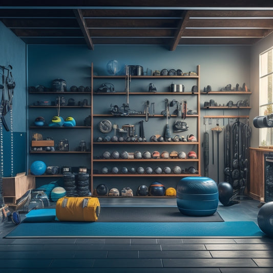 A cluttered garage home gym with scattered weights, mats, and equipment, contrasted with a tidy version featuring sleek shelving, labeled bins, and a mirrored wall reflecting a well-organized space.