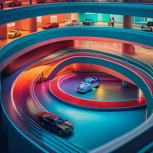 A sprawling, curved, multi-level parking garage filled with rows of vintage and modern toy cars, ramps, and staircases, lit by neon lights and surrounded by sleek, silver pillars.