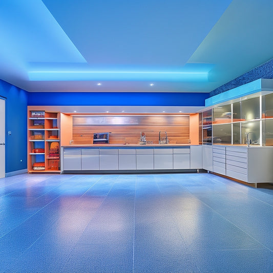 A modern garage with sleek, high-gloss floors, featuring a customized storage system with slanted, floor-to-ceiling metal shelves and matching cabinets, illuminated by LED strips and a large, circular skylight.