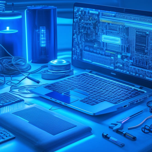 A futuristic, high-tech background with glowing blue circuits and wires, featuring a sleek, silver laptop with a glowing screen, surrounded by various tools and gadgets, including a screwdriver, pliers, and a tablet.
