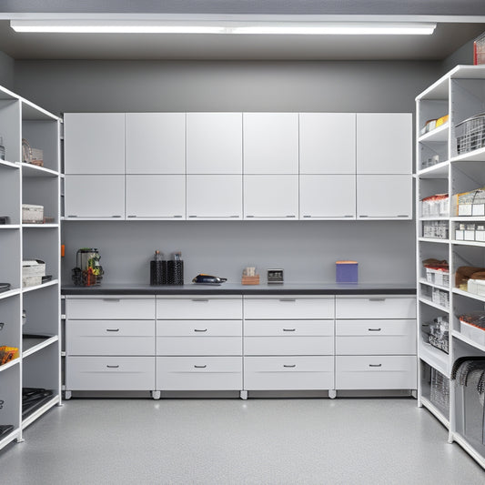An organized garage with sleek, white cabinets, stainless steel shelving, and a slatwall with various hooks and bins, surrounded by a clean, gray concrete floor and bright, LED lighting.