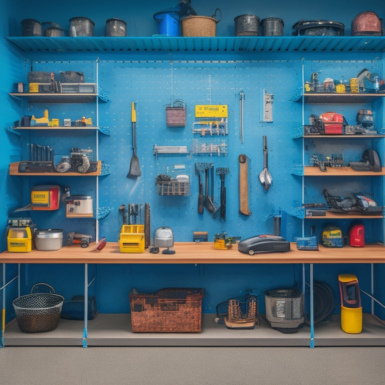 A well-organized garage with a pegboard on the wall, holding various tools and accessories, a workbench with a vice, and a shelving unit with labeled bins, all surrounded by a clean and polished concrete floor.