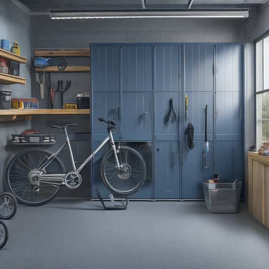 A tidy garage with a sleek, gray epoxy-coated floor, featuring a wall-mounted pegboard with organized tools, a stainless steel workbench, and a slatted shelving unit storing labeled bins and a few bicycles.