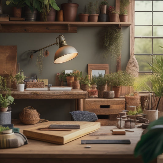 An inviting, naturally lit workspace with a wooden desk, surrounded by various DIY tools, colorful fabrics, and scattered craft supplies, amidst a soothing background of plants and warm wooden accents.
