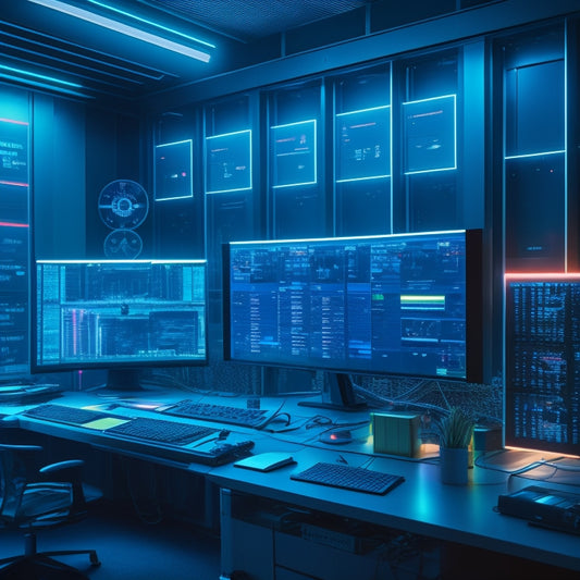 A futuristic, neon-lit editing suite with multiple screens displaying video timelines, waveform graphs, and color grading tools, surrounded by cryptic notes and scattered film reels, with a subtle keyhole glow.