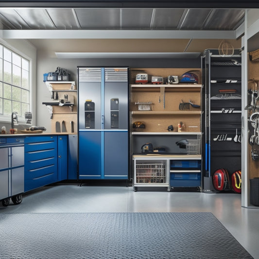 A clean and organized garage with epoxy-coated floors, sleek metal cabinets, and a pegboard displaying neatly hung tools, surrounded by a few strategically placed sports equipment and a shiny car.