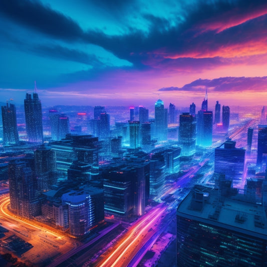 A futuristic, neon-lit cityscape at dusk with sleek, modern startup offices in the foreground, surrounded by swirling clouds of tablets, laptops, and smartphones, interconnected by glowing digital threads.